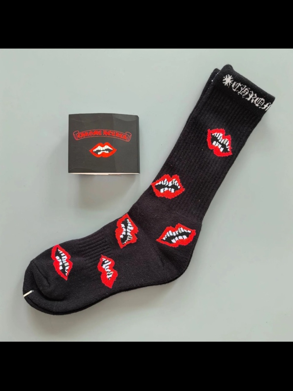 Chrome Hearts Black Crew Socks with Red Lips Motif